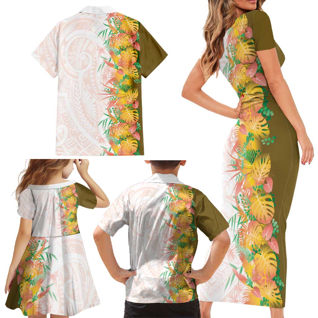 Hawaii Tropical Plant Lenalena Family Matching Short Sleeve Bodycon Dress and Hawaiian Shirt Vibrant Polynesian Pattern