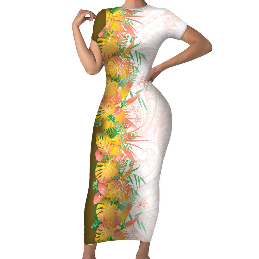 Hawaii Tropical Plant Lenalena Family Matching Short Sleeve Bodycon Dress and Hawaiian Shirt Vibrant Polynesian Pattern
