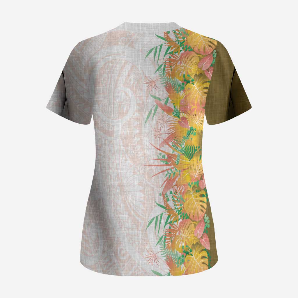 Hawaii Tropical Plant Lenalena Scrub Top Vibrant Polynesian Pattern
