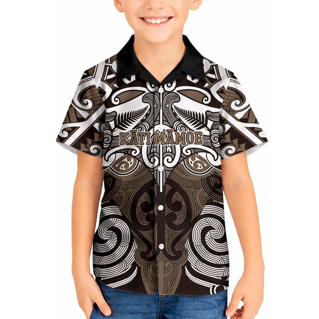 Personalised Maori Kati Mamoe Kid Hawaiian Shirt Silver Fern Kowhaiwhai Art