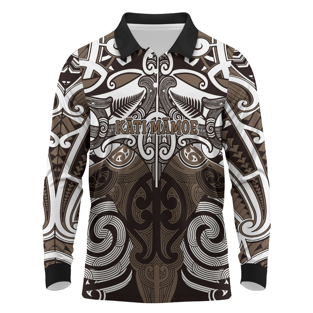 Personalised Maori Kati Mamoe Long Sleeve Polo Shirt Silver Fern Kowhaiwhai Art LT01 Brown - Polynesian Pride