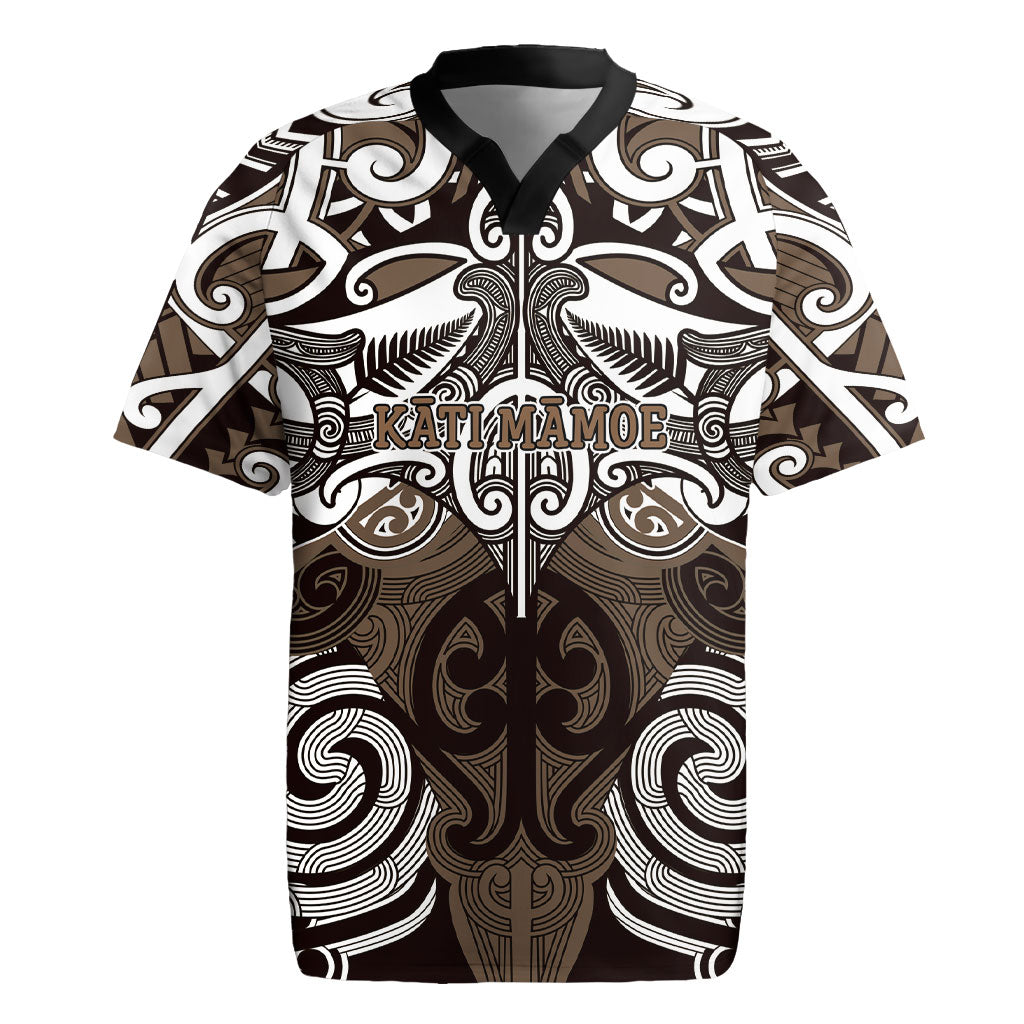 Personalised Maori Kati Mamoe Rugby Jersey Silver Fern Kowhaiwhai Art LT01 Brown - Polynesian Pride