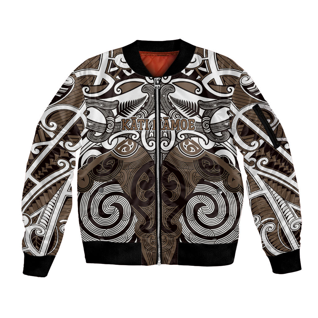Personalised Maori Kati Mamoe Sleeve Zip Bomber Jacket Silver Fern Kowhaiwhai Art LT01 Unisex Brown - Polynesian Pride