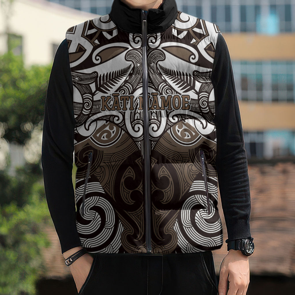 Personalised Maori Kati Mamoe Sleeveless Puffer Jacket Silver Fern Kowhaiwhai Art