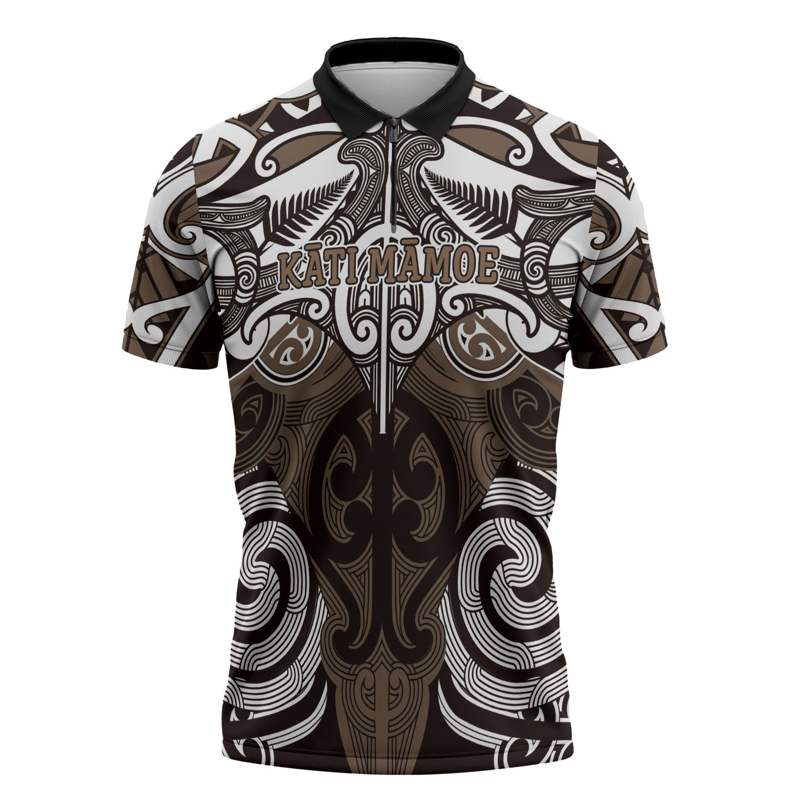 Personalised Maori Kati Mamoe Zipper Polo Shirt Silver Fern Kowhaiwhai Art LT01 Brown - Polynesian Pride