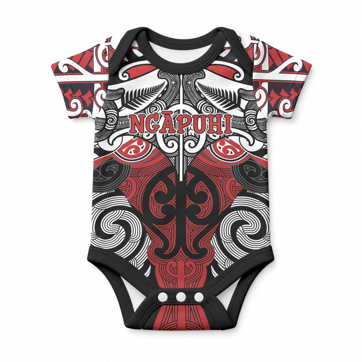 Personalised Maori Ngapuhi Baby Onesie Silver Fern Kowhaiwhai Art
