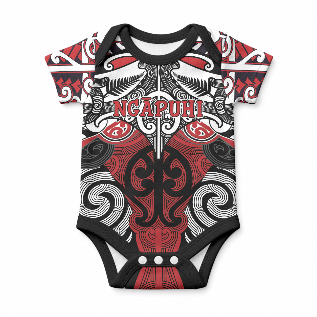 Personalised Maori Ngapuhi Baby Onesie Silver Fern Kowhaiwhai Art
