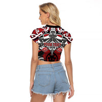 Personalised Maori Ngapuhi Raglan Cropped T Shirt Silver Fern Kowhaiwhai Art