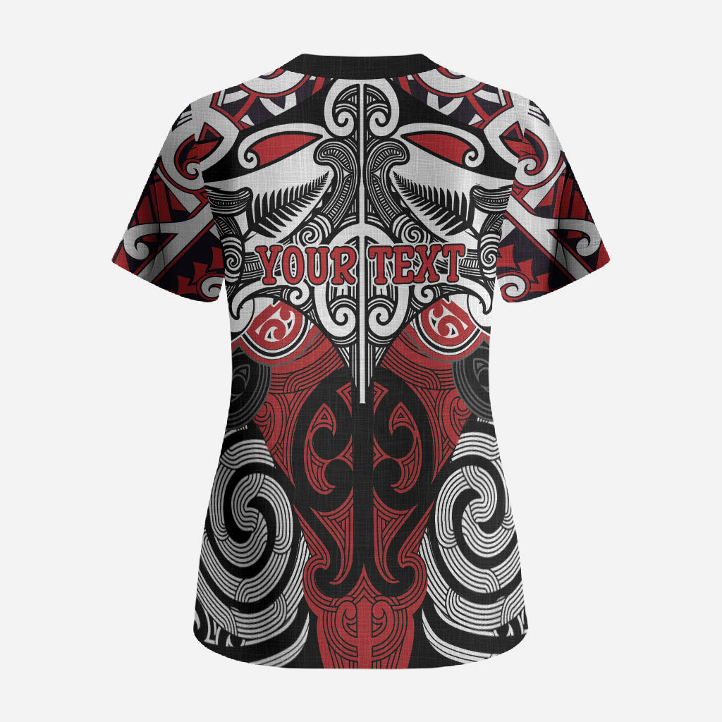 Personalised Maori Ngapuhi Scrub Top Silver Fern Kowhaiwhai Art