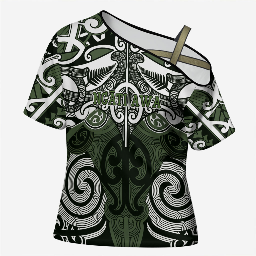 Personalised Maori Ngati Awa Cross Shoulder Shirt Silver Fern Kowhaiwhai Art LT01 Female Green - Polynesian Pride