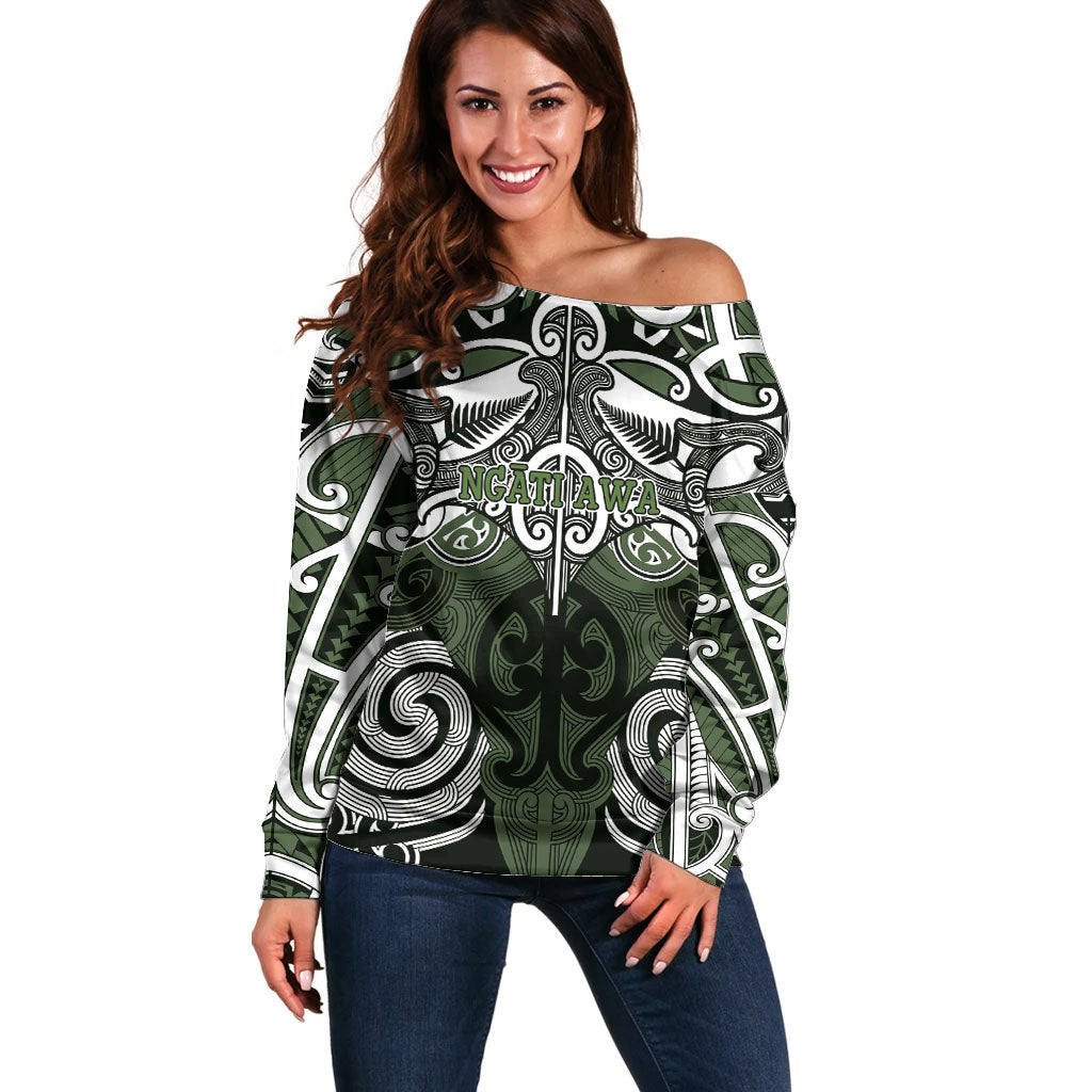 Personalised Maori Ngati Awa Off Shoulder Sweater Silver Fern Kowhaiwhai Art