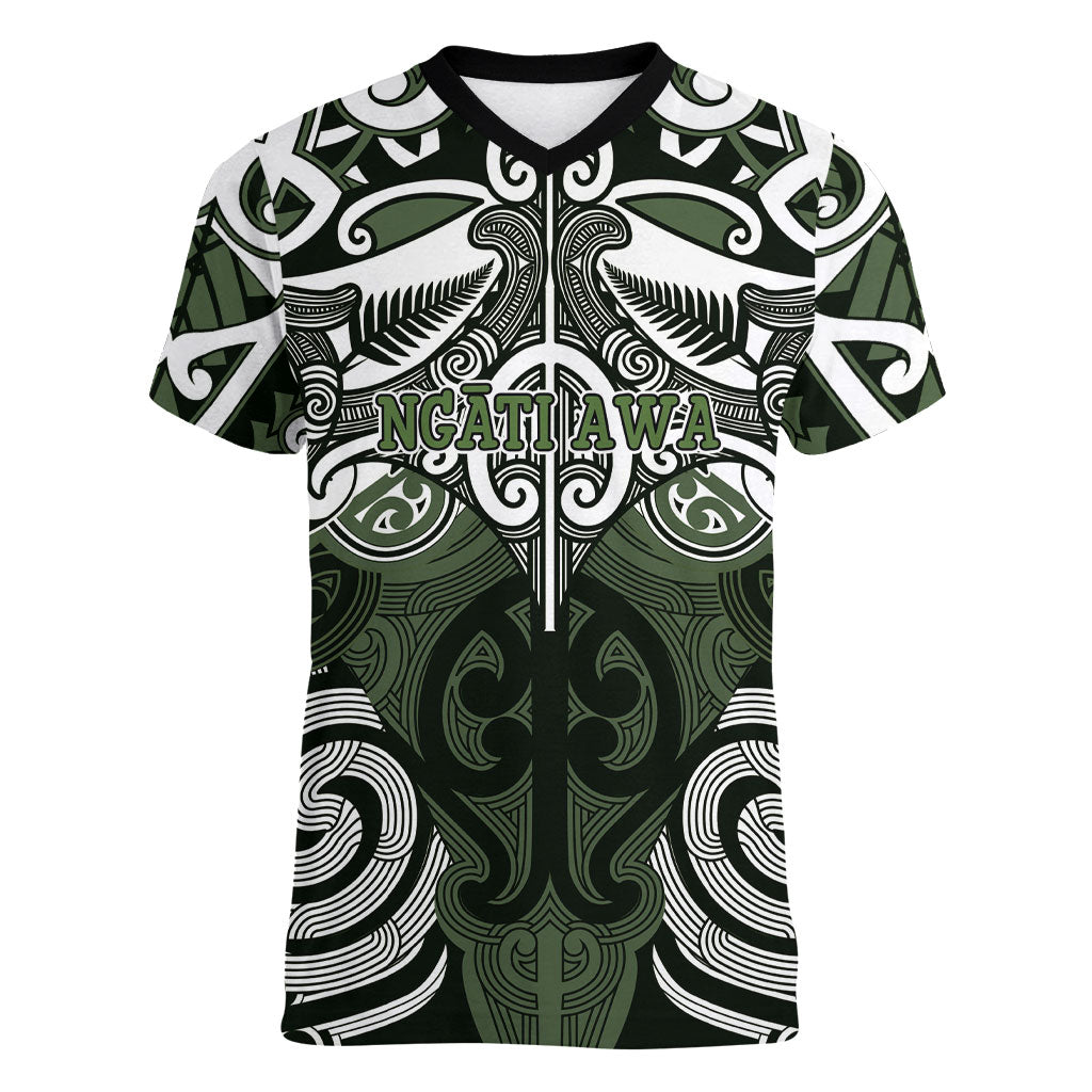 Personalised Maori Ngati Awa Women V-Neck T-Shirt Silver Fern Kowhaiwhai Art