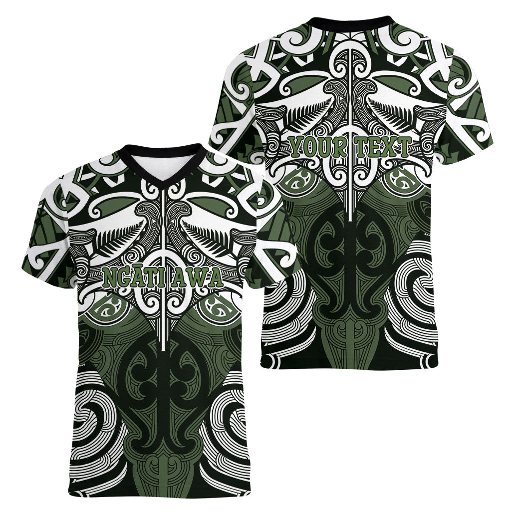 Personalised Maori Ngati Awa Women V-Neck T-Shirt Silver Fern Kowhaiwhai Art