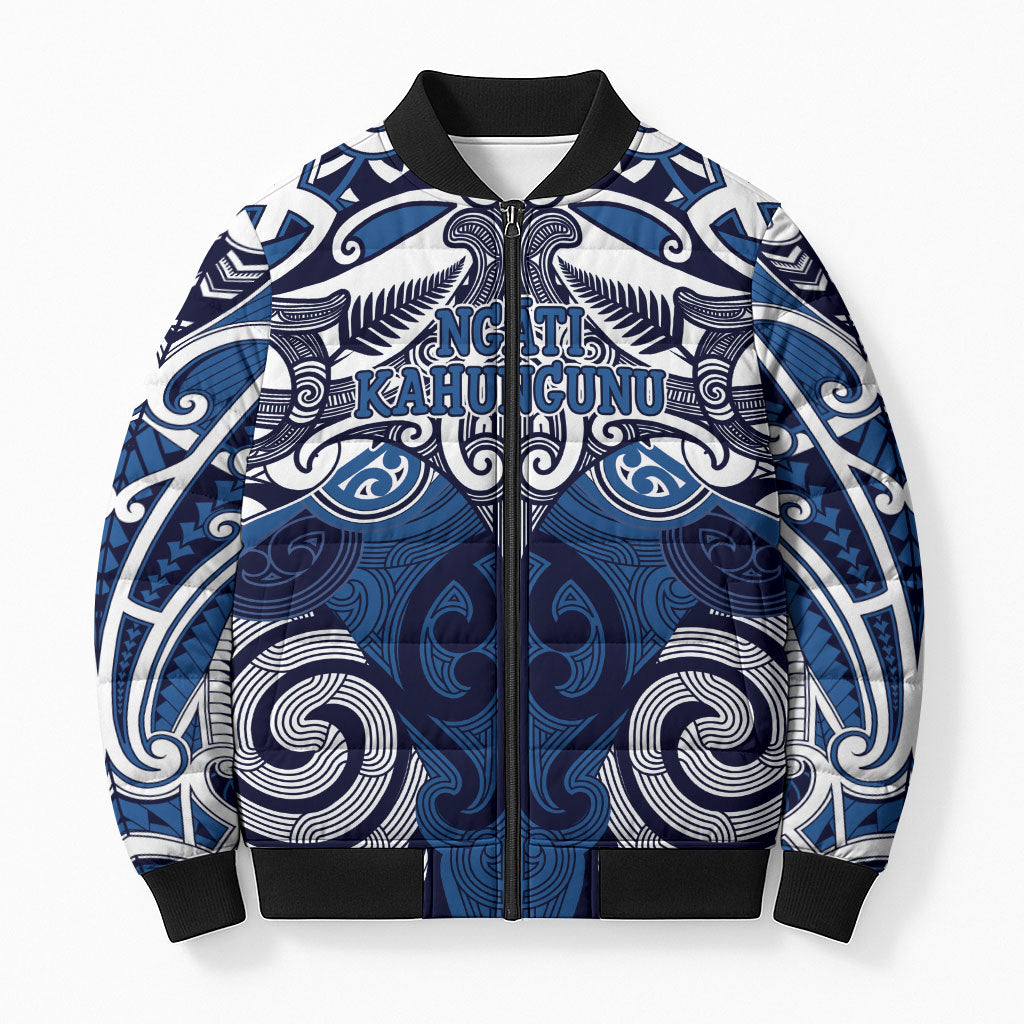Personalised Maori Ngati Kahungunu Bomber Puffer Jacket Silver Fern Kowhaiwhai Art LT01 Unisex Blue - Polynesian Pride