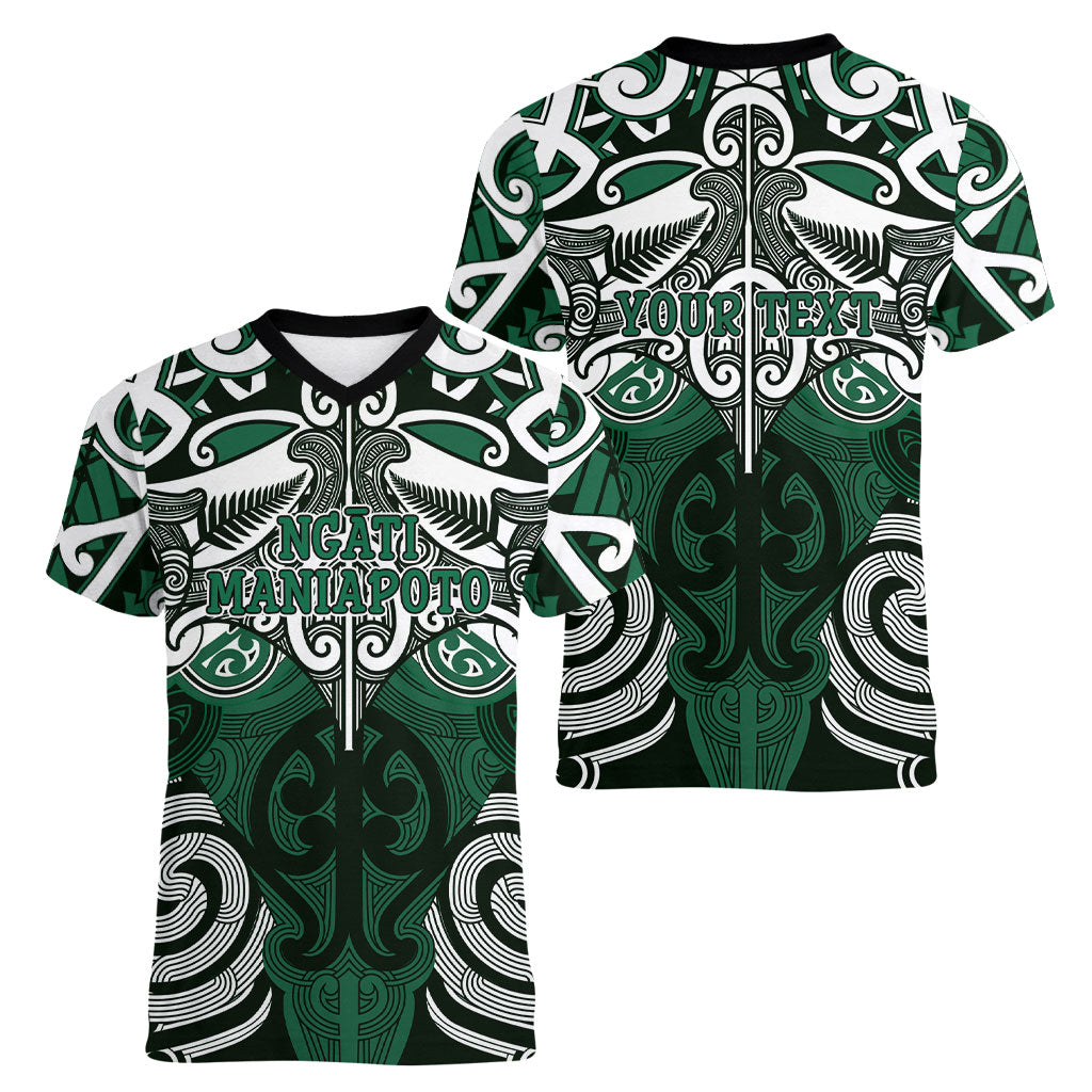 Personalised Maori Ngati Maniapoto Women V-Neck T-Shirt Silver Fern Kowhaiwhai Art