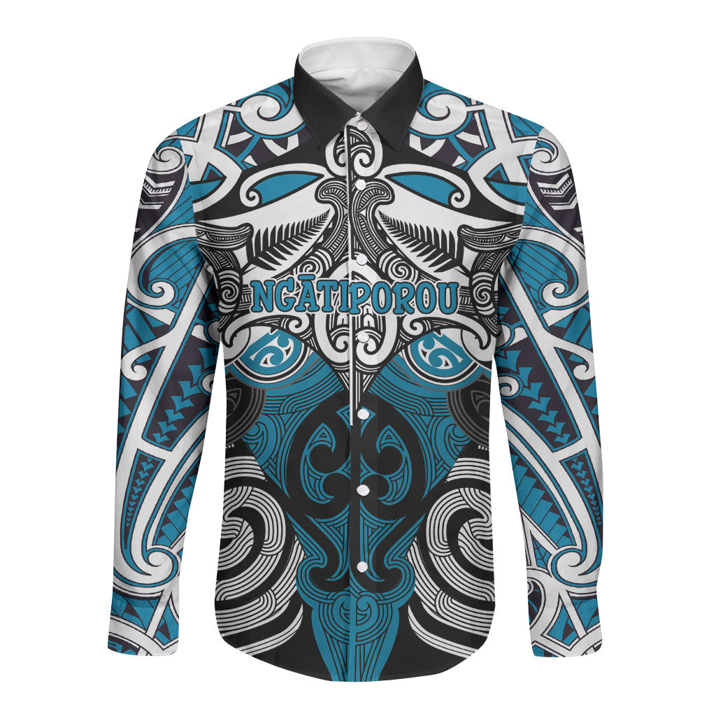 Personalised Maori Ngati Porou Long Sleeve Button Shirt Silver Fern Kowhaiwhai Art