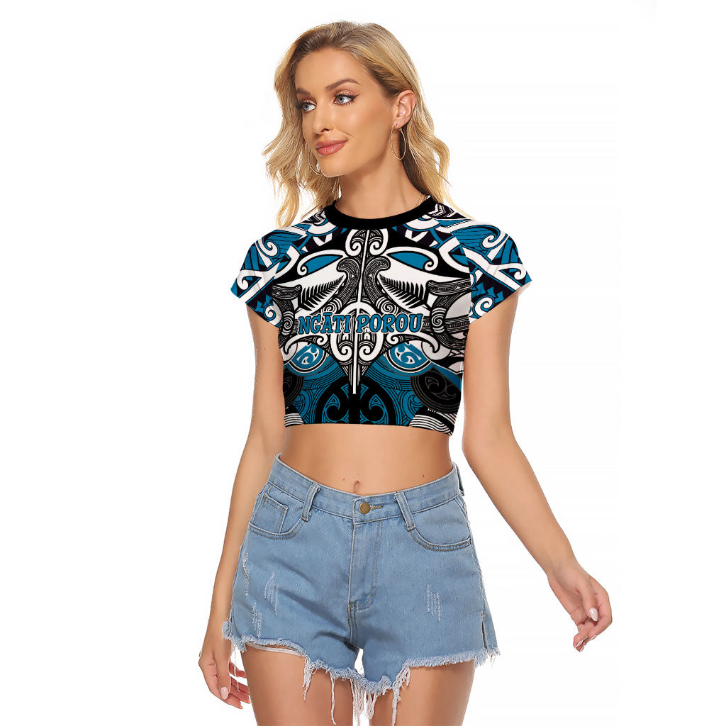 Personalised Maori Ngati Porou Raglan Cropped T Shirt Silver Fern Kowhaiwhai Art LT01 Female Blue - Polynesian Pride