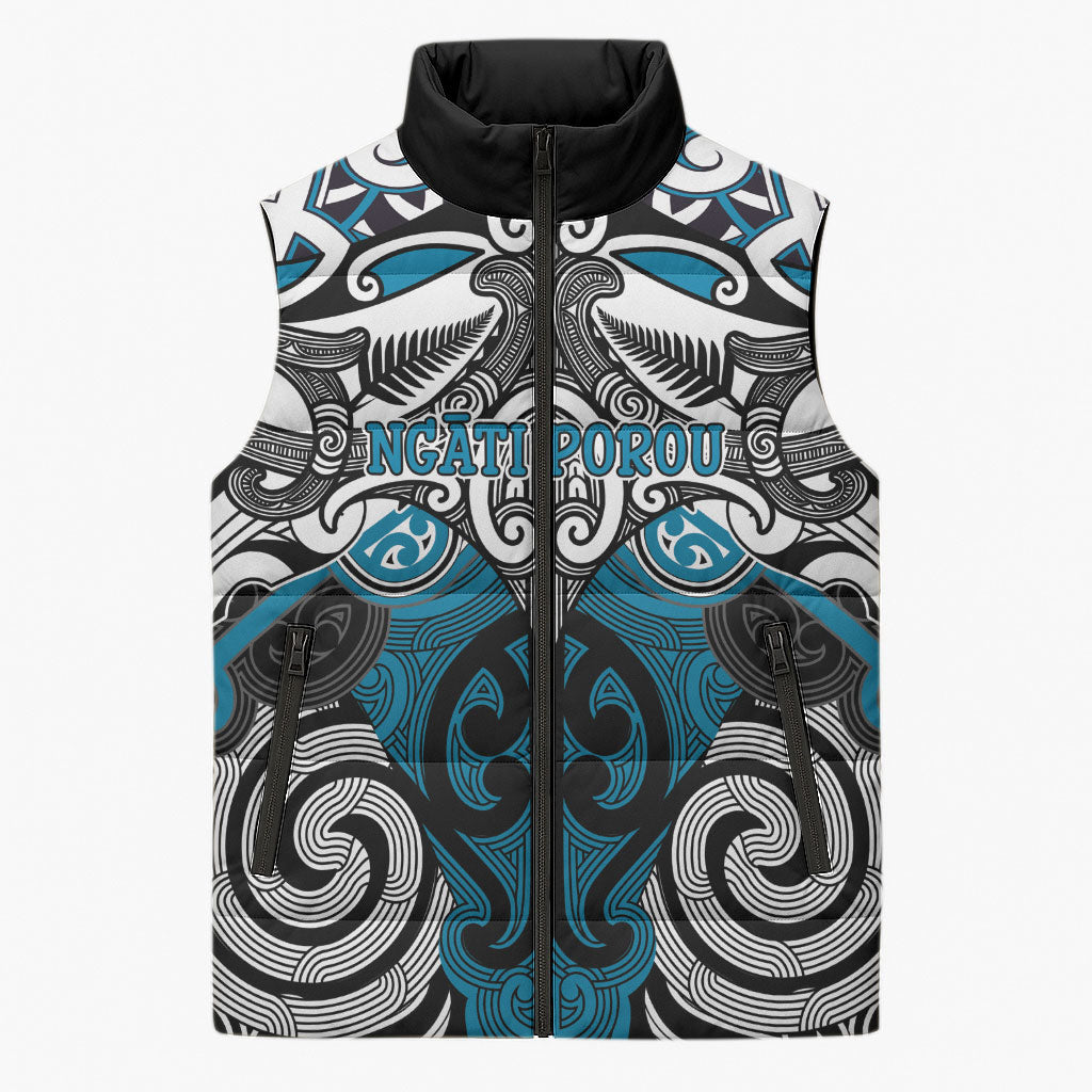 Personalised Maori Ngati Porou Sleeveless Puffer Jacket Silver Fern Kowhaiwhai Art