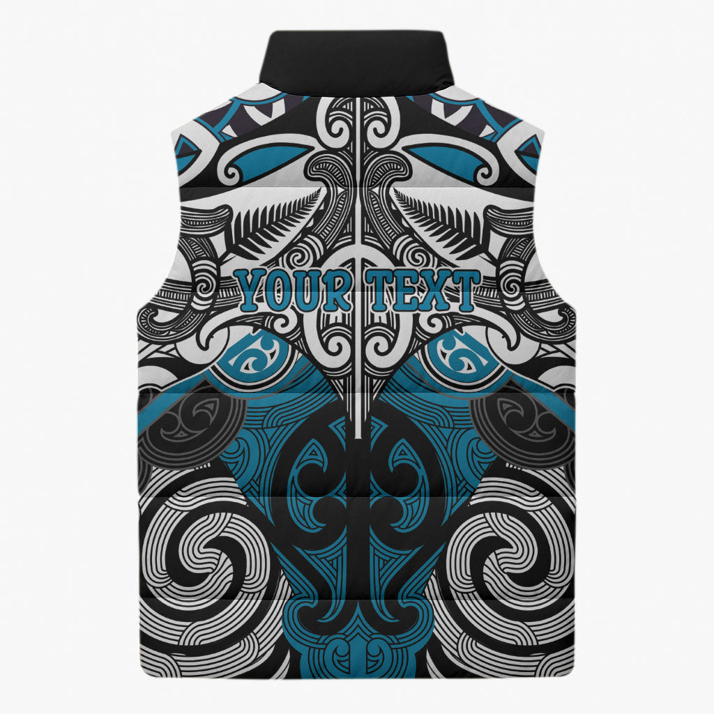 Personalised Maori Ngati Porou Sleeveless Puffer Jacket Silver Fern Kowhaiwhai Art