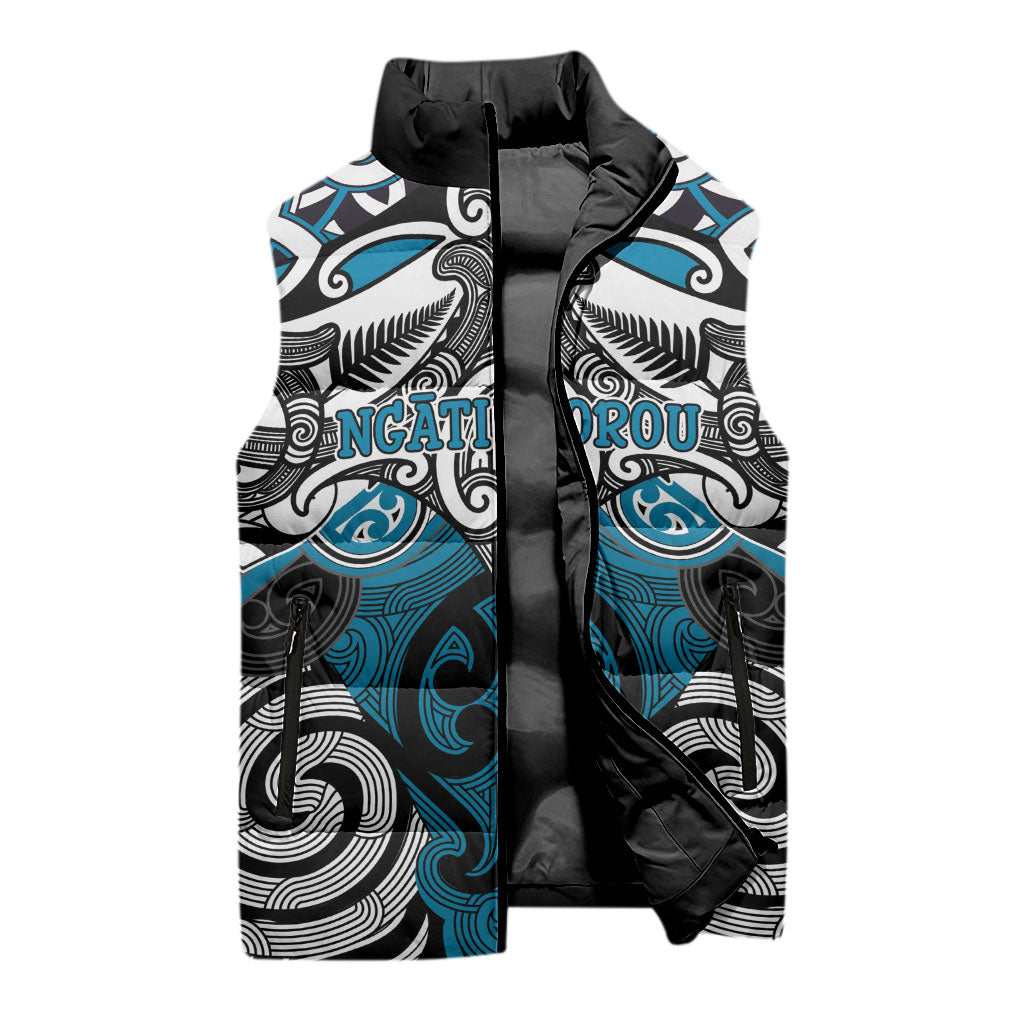 Personalised Maori Ngati Porou Sleeveless Puffer Jacket Silver Fern Kowhaiwhai Art