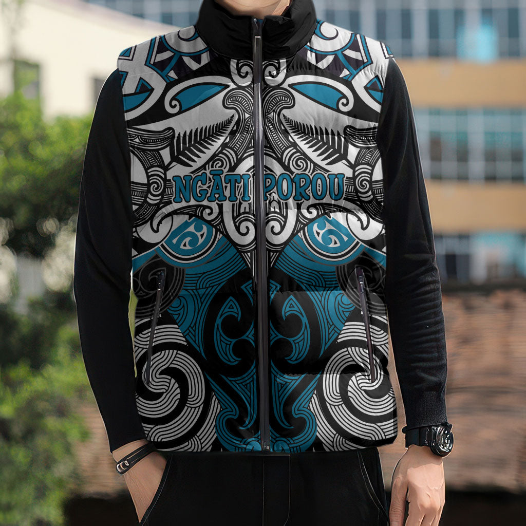 Personalised Maori Ngati Porou Sleeveless Puffer Jacket Silver Fern Kowhaiwhai Art