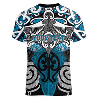 Personalised Maori Ngati Porou Women V-Neck T-Shirt Silver Fern Kowhaiwhai Art