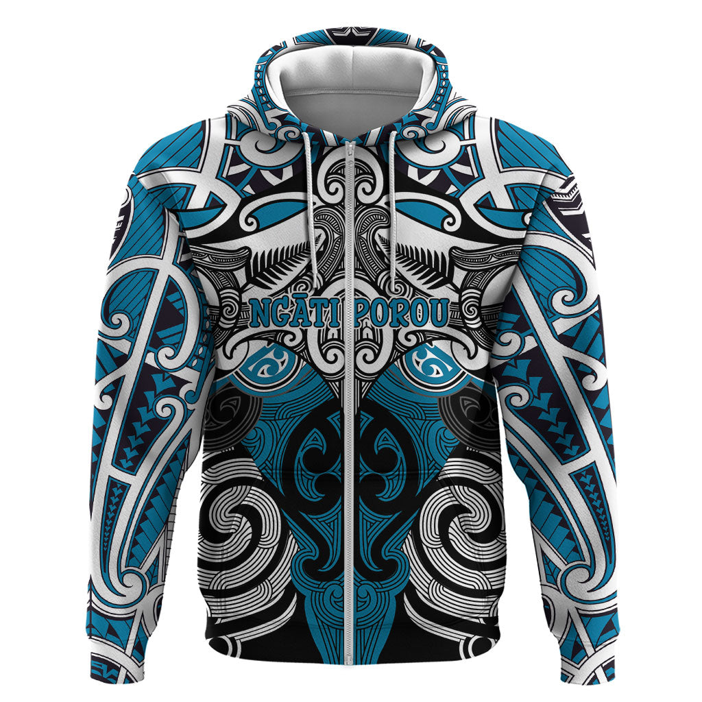 Personalised Maori Ngati Porou Zip Hoodie Silver Fern Kowhaiwhai Art LT01 Zip Hoodie Blue - Polynesian Pride