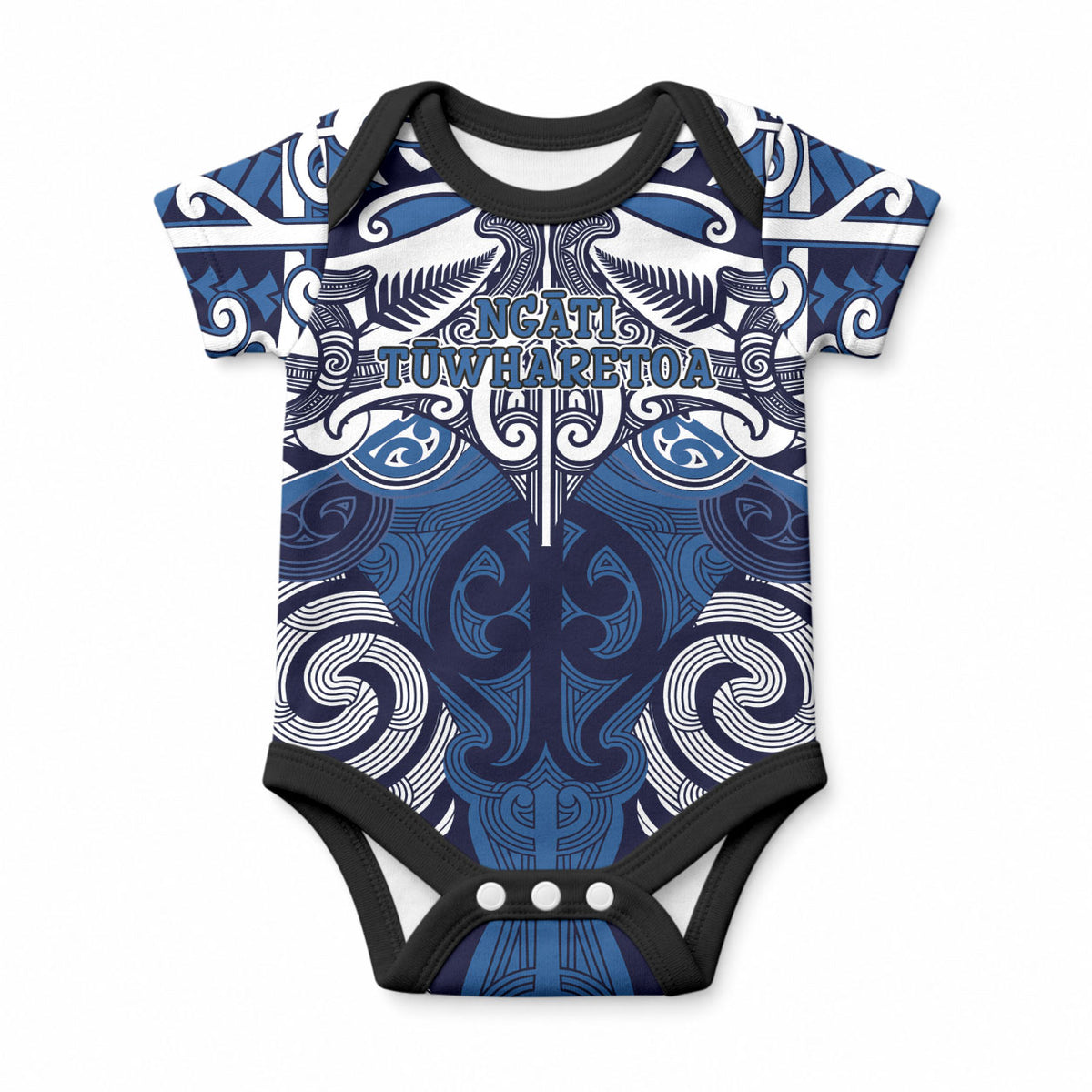 Personalised Maori Ngati Tuwharetoa Baby Onesie Silver Fern Kowhaiwhai Art