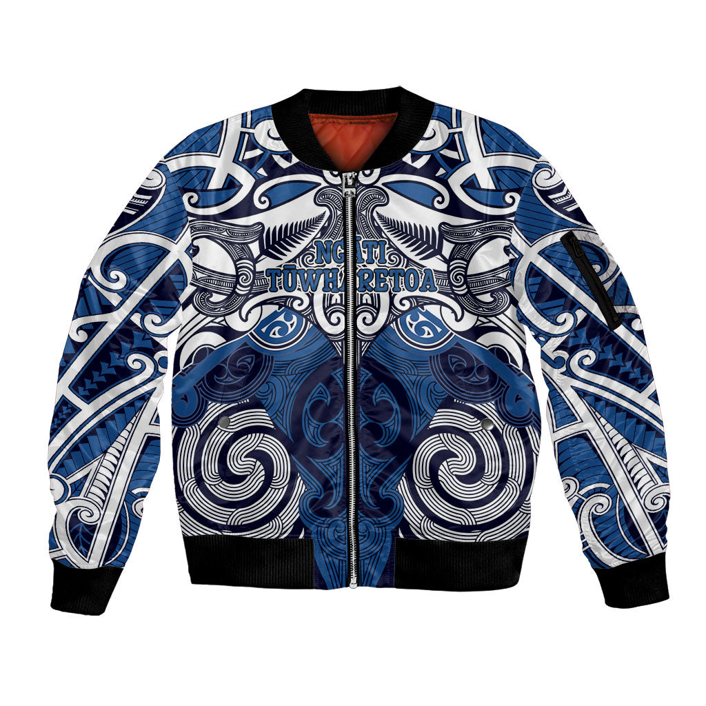 Personalised Maori Ngati Tuwharetoa Sleeve Zip Bomber Jacket Silver Fern Kowhaiwhai Art