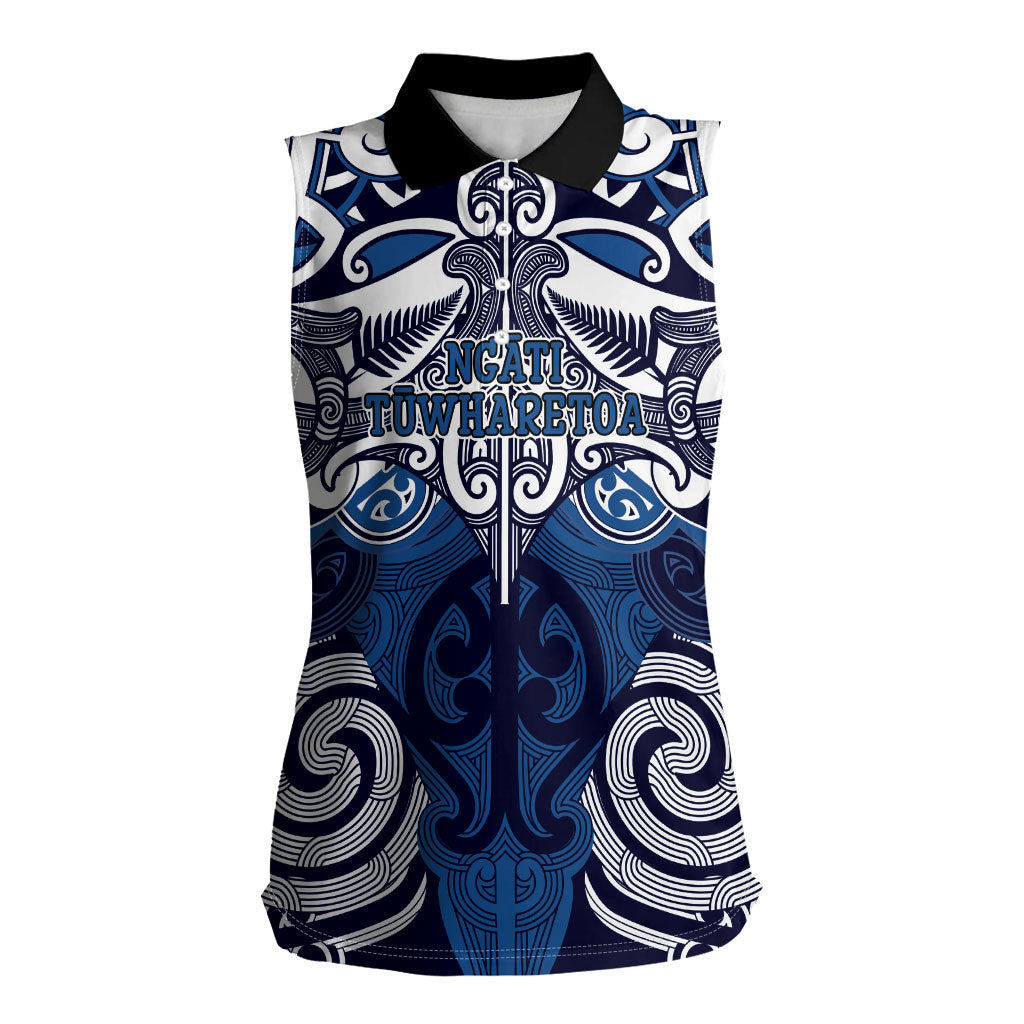 Personalised Maori Ngati Tuwharetoa Women Sleeveless Polo Shirt Silver Fern Kowhaiwhai Art