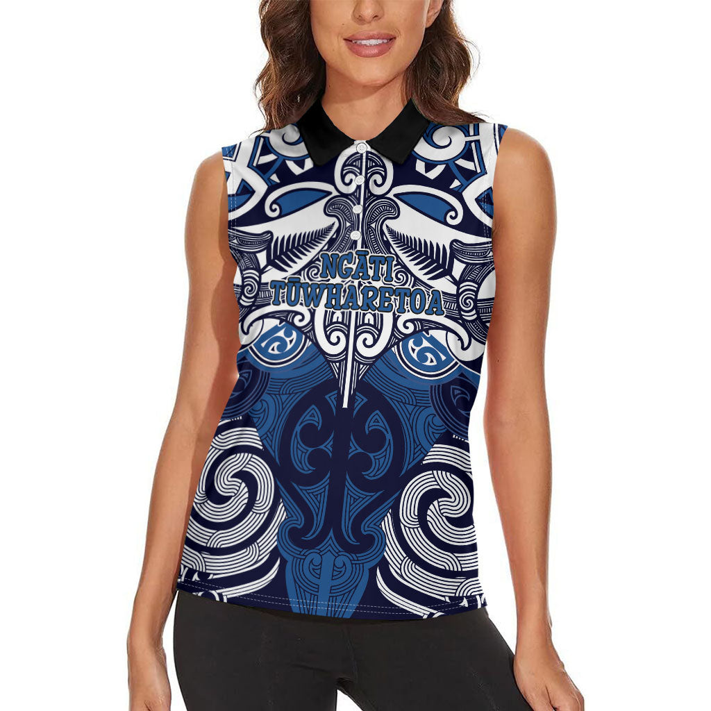 Personalised Maori Ngati Tuwharetoa Women Sleeveless Polo Shirt Silver Fern Kowhaiwhai Art