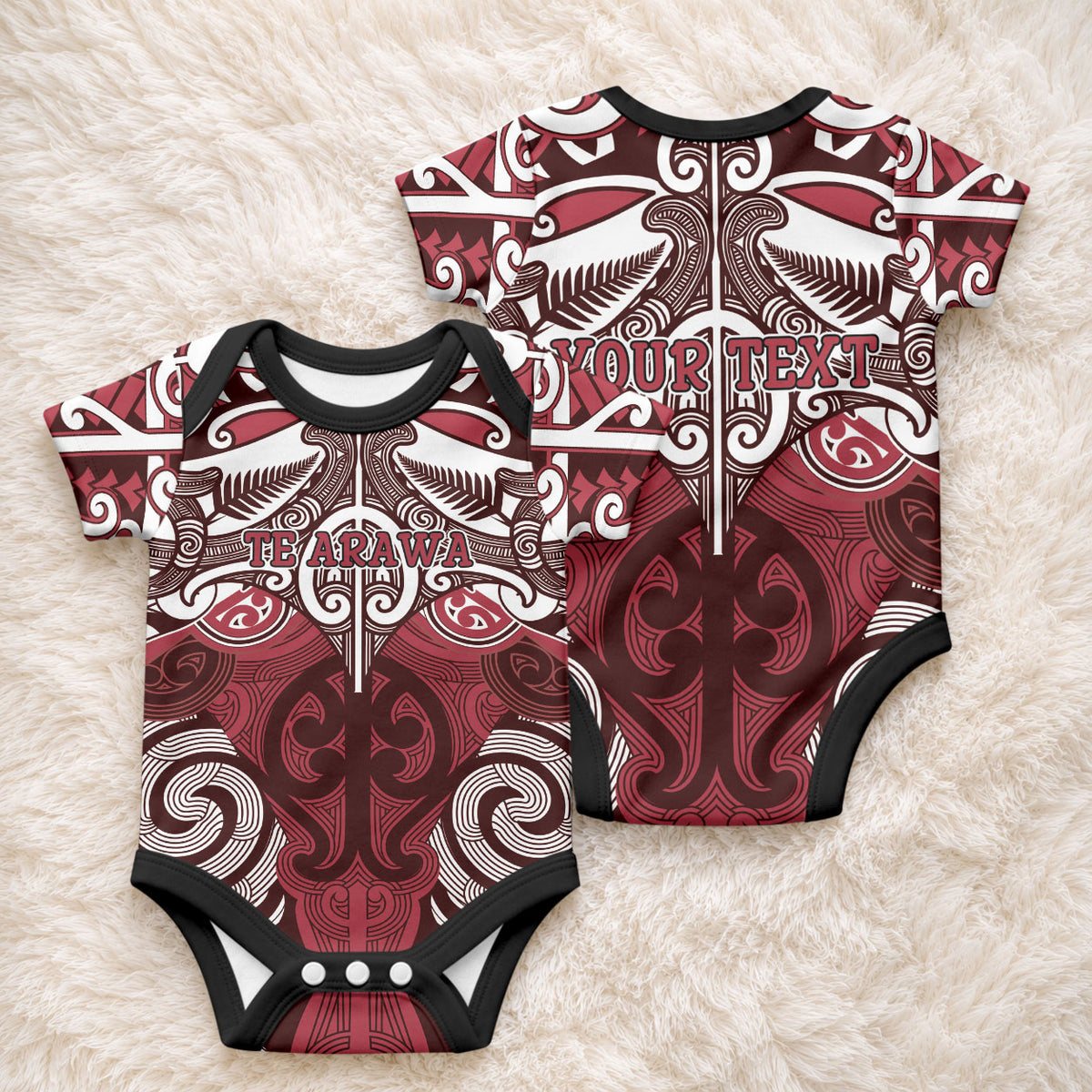 Personalised Maori Te Arawa Baby Onesie Silver Fern Kowhaiwhai Art