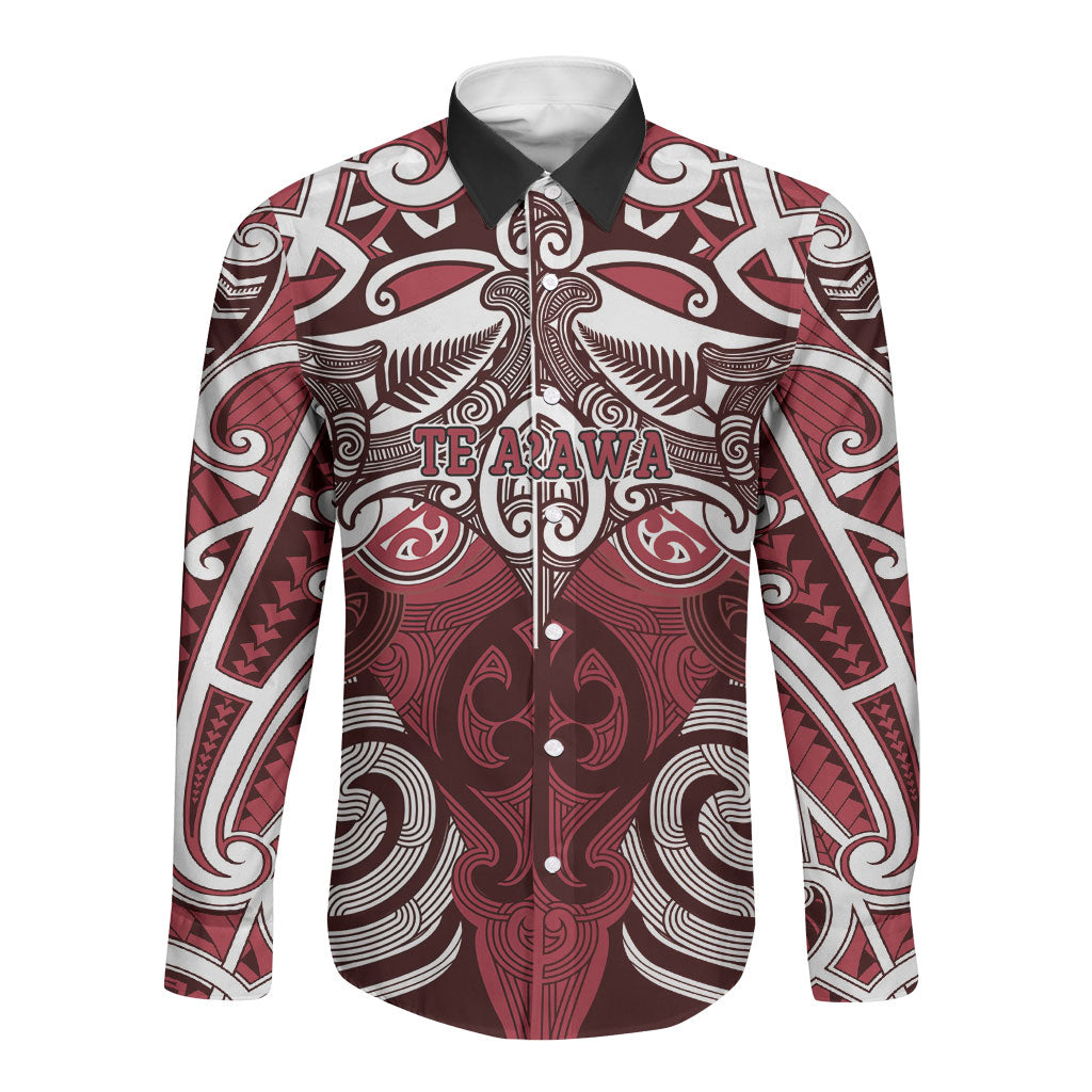 Personalised Maori Te Arawa Long Sleeve Button Shirt Silver Fern Kowhaiwhai Art