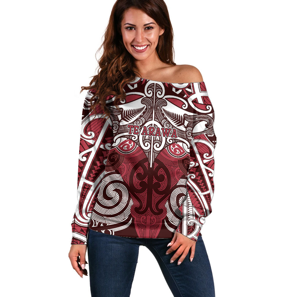 Personalised Maori Te Arawa Off Shoulder Sweater Silver Fern Kowhaiwhai Art LT01 Women Red - Polynesian Pride