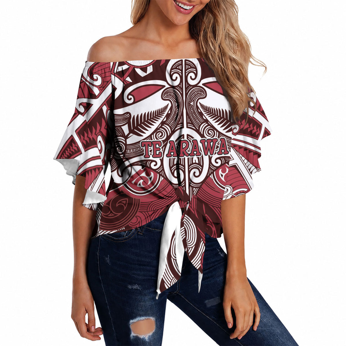 Personalised Maori Te Arawa Off Shoulder Wrap Waist Top Silver Fern Kowhaiwhai Art