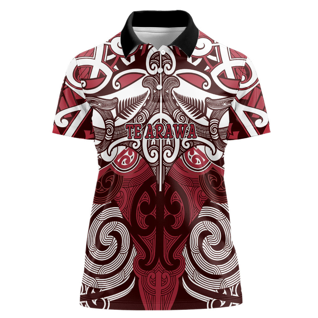 Personalised Maori Te Arawa Women Polo Shirt Silver Fern Kowhaiwhai Art LT01 Female Red - Polynesian Pride