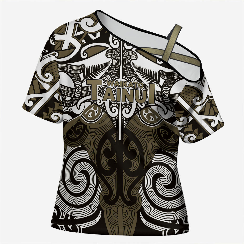 Personalised Maori Waikato Tainui Cross Shoulder Shirt Silver Fern Kowhaiwhai Art