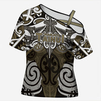 Personalised Maori Waikato Tainui Cross Shoulder Shirt Silver Fern Kowhaiwhai Art