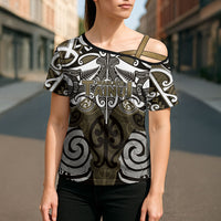 Personalised Maori Waikato Tainui Cross Shoulder Shirt Silver Fern Kowhaiwhai Art