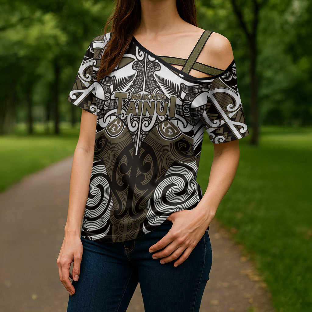 Personalised Maori Waikato Tainui Cross Shoulder Shirt Silver Fern Kowhaiwhai Art