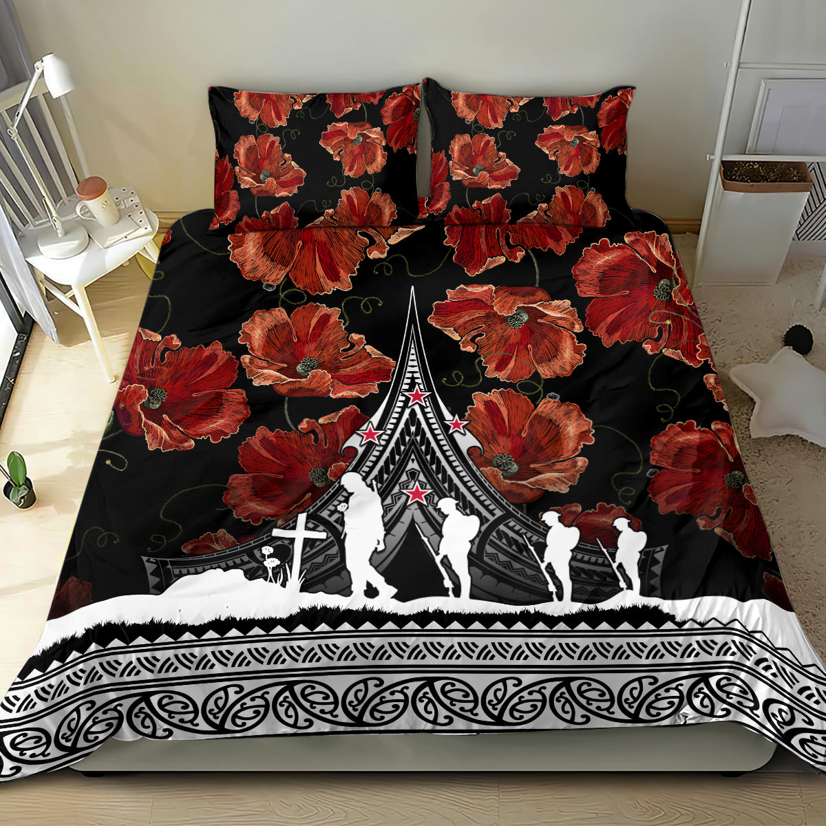 New Zealand ANZAC Day Bedding Set Poppy With Polynesian Pattern LT01 - Polynesian Pride