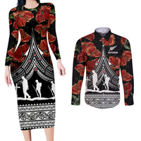 New Zealand ANZAC Day Couples Matching Long Sleeve Bodycon Dress and Long Sleeve Button Shirt Poppy With Polynesian Pattern LT01 Black - Polynesian Pride