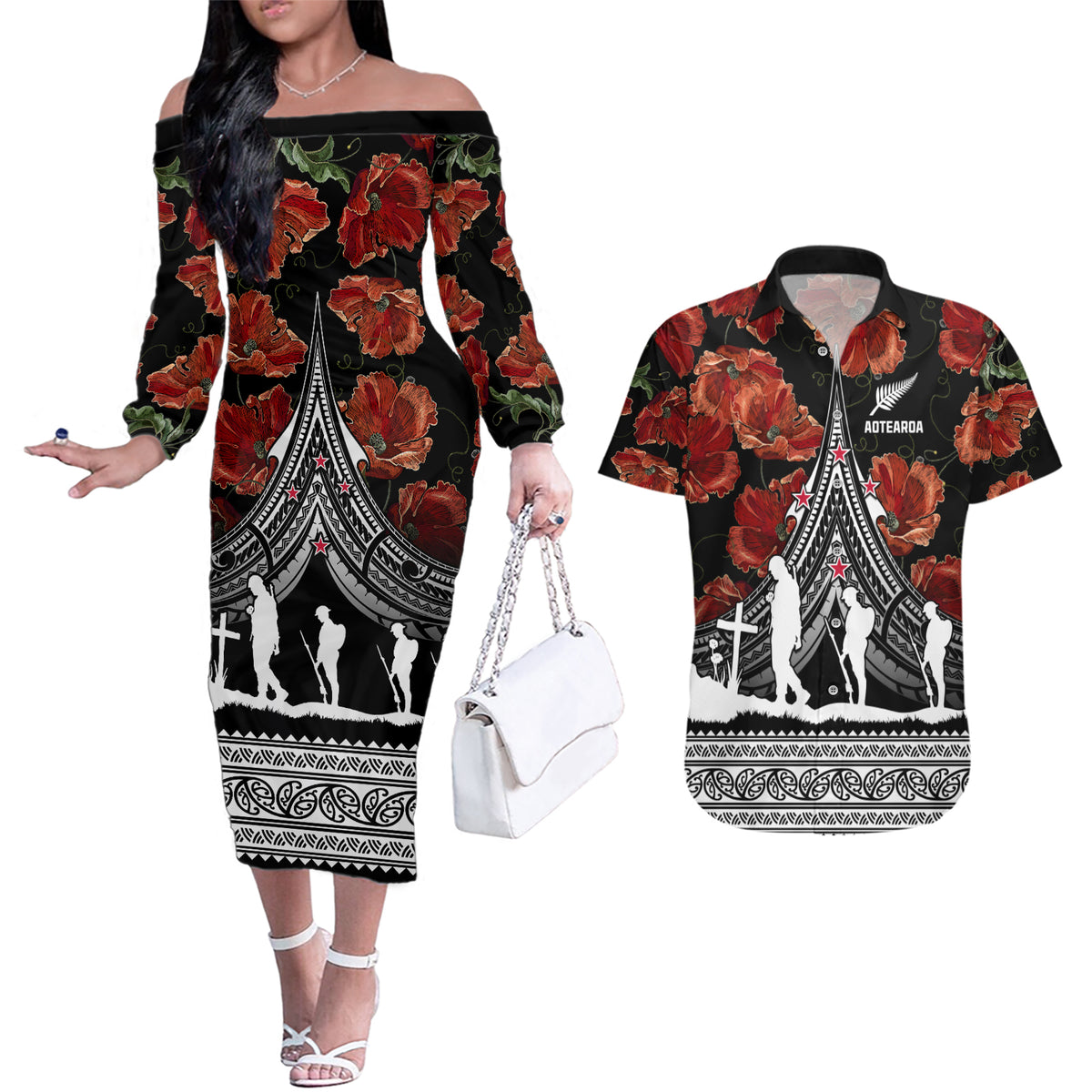 New Zealand ANZAC Day Couples Matching Off The Shoulder Long Sleeve Dress and Hawaiian Shirt Poppy With Polynesian Pattern LT01 Black - Polynesian Pride