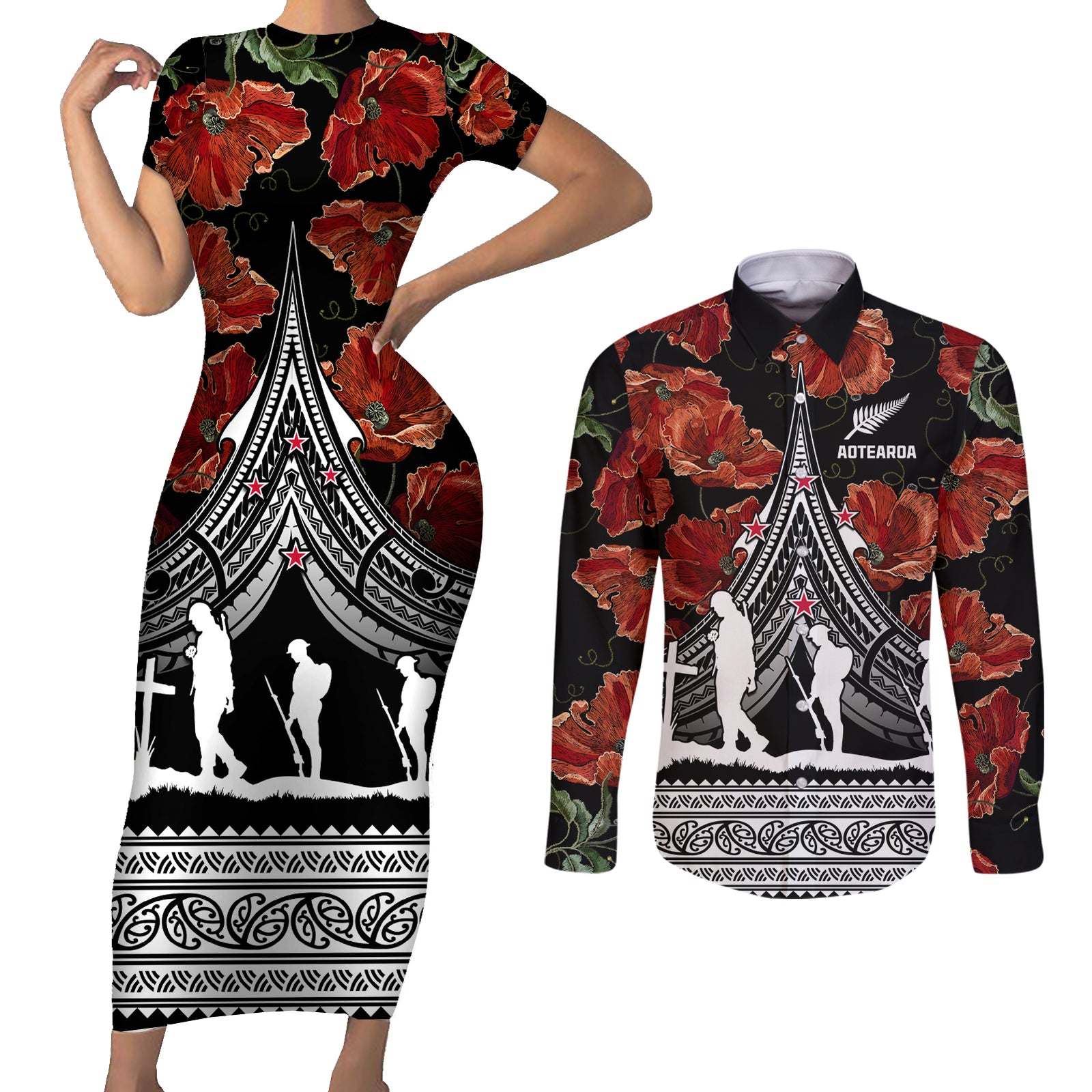 New Zealand ANZAC Day Couples Matching Short Sleeve Bodycon Dress and Long Sleeve Button Shirt Poppy With Polynesian Pattern LT01 Black - Polynesian Pride