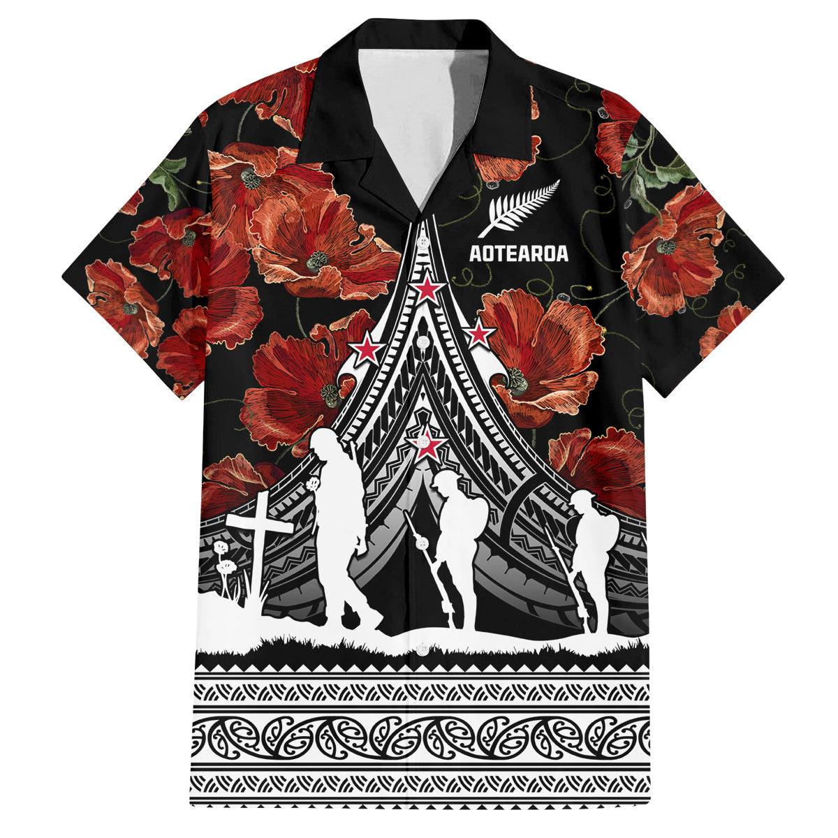 New Zealand ANZAC Day Family Matching Puletasi Dress and Hawaiian Shirt Poppy With Polynesian Pattern LT01 Dad's Shirt - Short Sleeve Black - Polynesian Pride