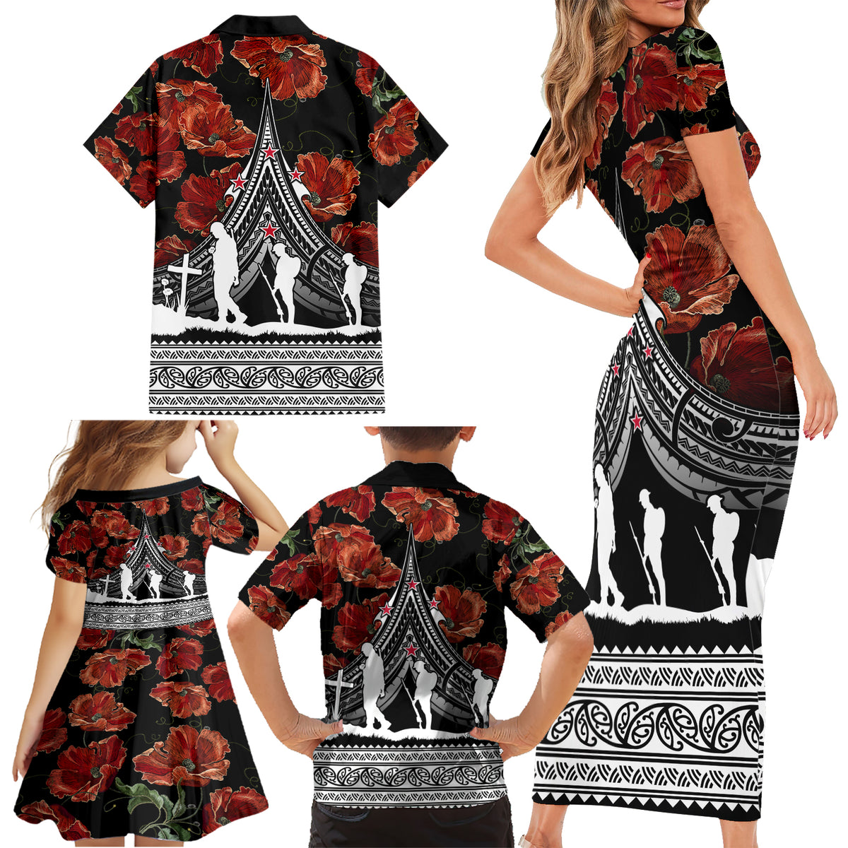 New Zealand ANZAC Day Family Matching Short Sleeve Bodycon Dress and Hawaiian Shirt Poppy With Polynesian Pattern LT01 - Polynesian Pride