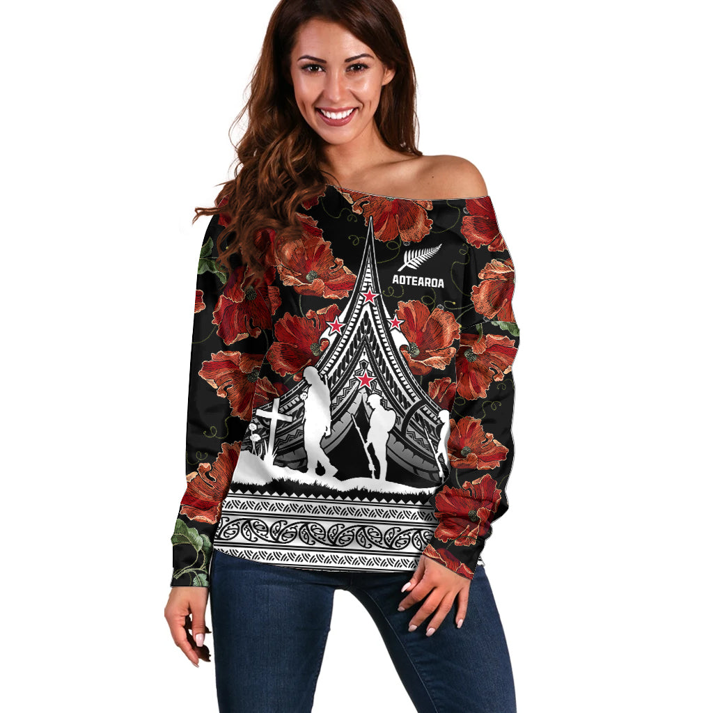 New Zealand ANZAC Day Off Shoulder Sweater Poppy With Polynesian Pattern LT01 Women Black - Polynesian Pride