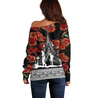 New Zealand ANZAC Day Off Shoulder Sweater Poppy With Polynesian Pattern LT01 - Polynesian Pride