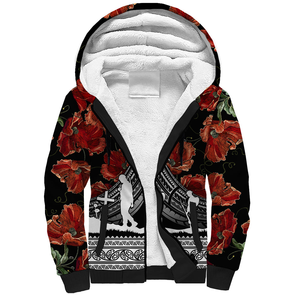 New Zealand ANZAC Day Sherpa Hoodie Poppy With Polynesian Pattern LT01 Unisex Black - Polynesian Pride