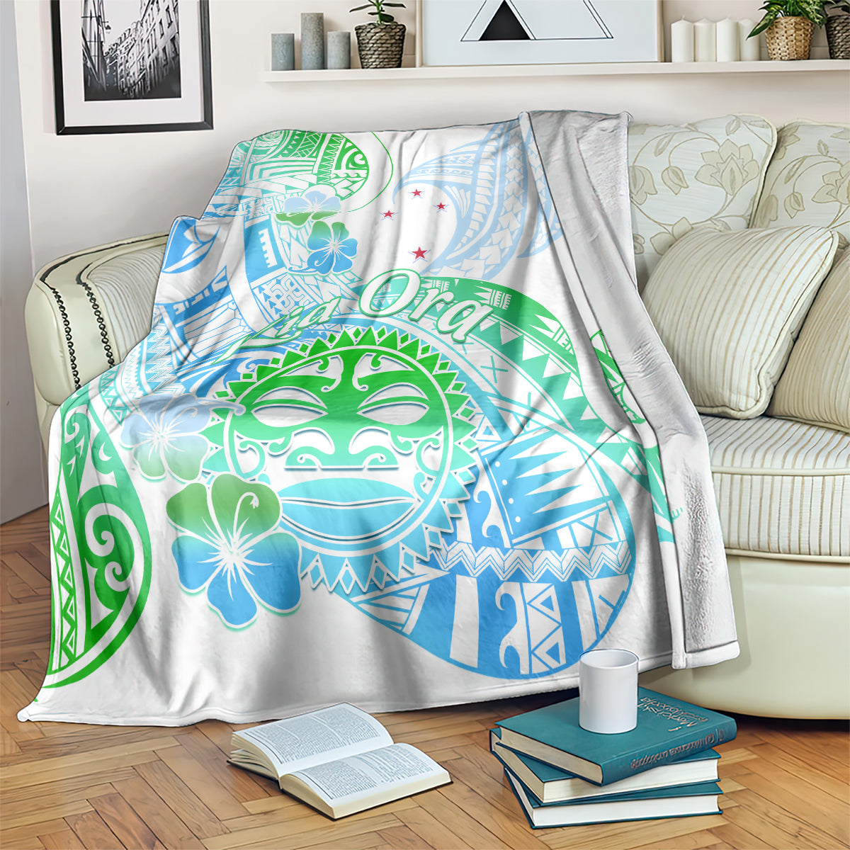 Kia Ora Maori New Zealand Pastel Blanket Sun Ta Moko Aqua Green Version LT01 - Polynesian Pride